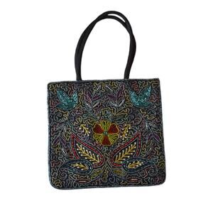Vintage Beaded Floral Handbag Boho Ethnic Purse Black Multicolor